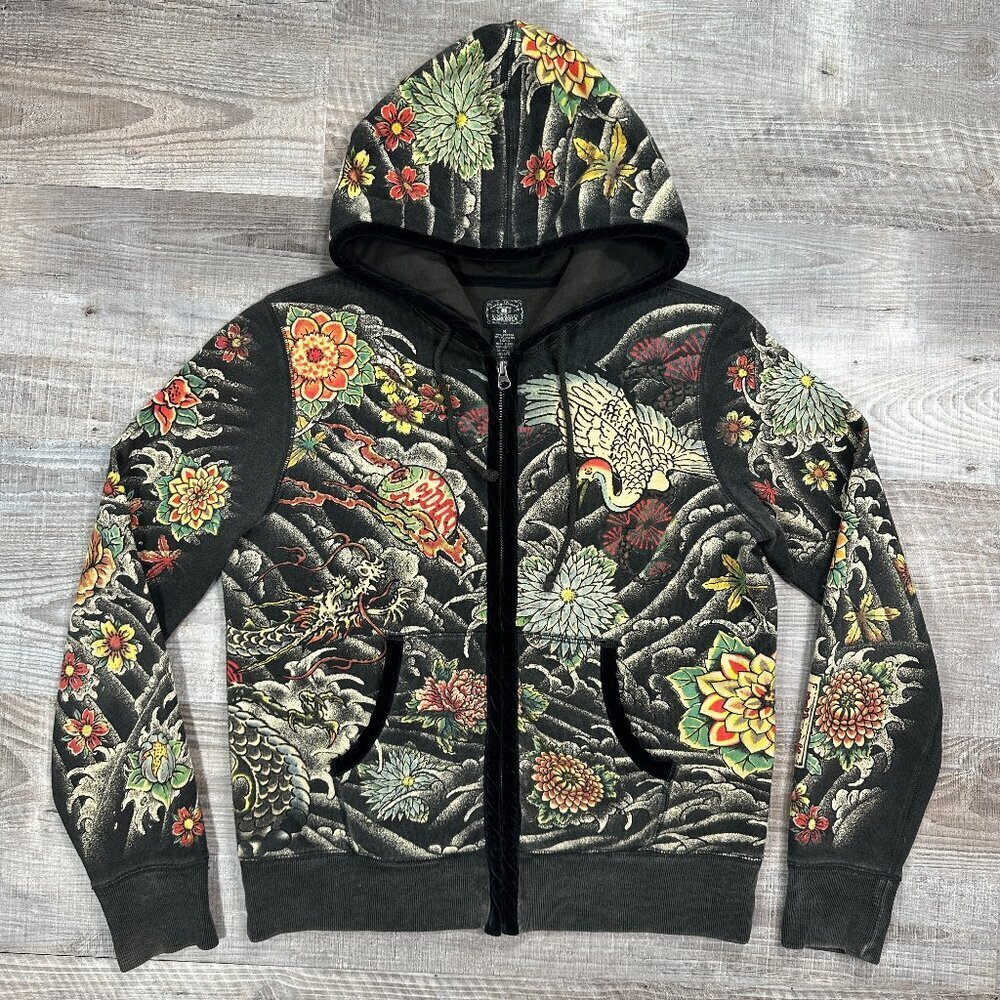 VTG Y2K Lucky Brand Tokyo Tattoo Full Zip Hoodie Size Medium Asian Dragon